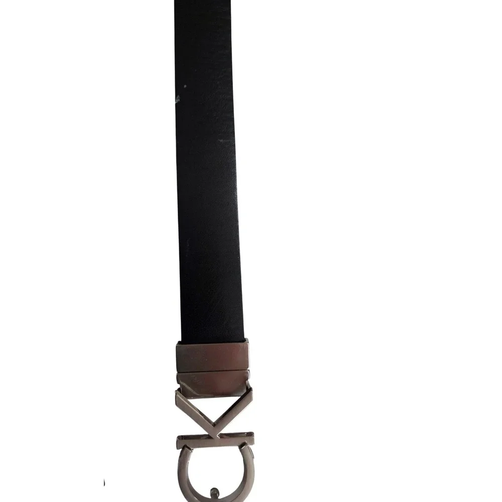 Calvin Klein Mens Black Leather Belt Silver CK Logo Plaque Buckle L